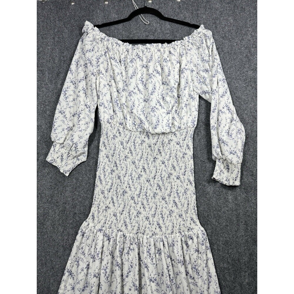 Pink Lily White/Blue Floral Maxi Dress Off Shoulder Stretch Waist Boho Size L